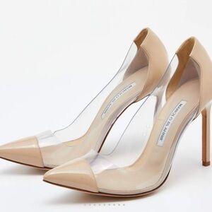Manolo Blahnik Nude Patent Leather and PVC Pointed Toe Pumps- 41